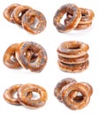 Set of six photos with bagels on white Royalty Free Stock Photo