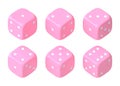 Set of six pink dice with white dots hanging in half turn showing different numbers