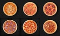 A set of six pizzas on a black background. 1 With tuna 2 With jalapeno 3 Devil 4 Salami 5-6 Pepperoni