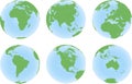 Set of six planet Earth globes with green land map Royalty Free Stock Photo