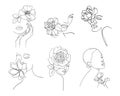 Set of six portrait, face with flower. Simple, minimalist vector illustration of beautiful woman.