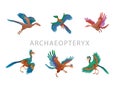 Set of six prehistoric Jurassic reptile, flying archaeopteryx with wings and crest, color vector illustration isolated