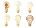 A set of six realistic lightbulb illustrations, each with unique shapes and styles, are presented on a white background, made Royalty Free Stock Photo