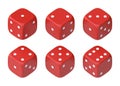 Set of six red dice with white dots hanging in half turn showing different numbers Royalty Free Stock Photo