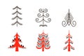 Set of six red trees. National northen paintings. Folk handicrafts. Enchanting original ornaments. Simplicity. flat oak, ash, pine