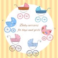 Set of six retro styled baby carriages for baby showers, arrival cards