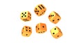 Set of six rolling golden dice on white background Royalty Free Stock Photo