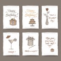 Set of six romantic A4 format vintage birthday cards with calligraphy, gift, cake, flower, cocktail, magic hat sketch.