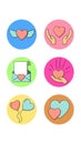 A set of six round icons for trendy with love festive objects hearts with wings and hands in letter and balloon on a white