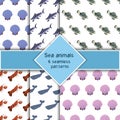 Set with six sea animal seamless pattern with seashall, sperm whale, hummerhead shark, lobster and mandarin fish.