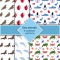 Set with six sea animal seamless pattern with shark, squid and turtle, crab dolphin. Undersea world habitants print.