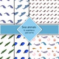 Set with six sea animal seamless pattern with surgeonfish, narwhale and shark, coral. Undersea world habitants print.