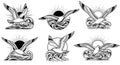 Seagull in Flight Over Waves with Sunburst - Set of Illustrations Royalty Free Stock Photo