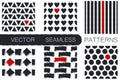Set with six seamless patterns with triangles, strokes, rhombus, hearts , stripes and polka dots