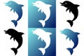 Set six silhouette dolphin on white and blue