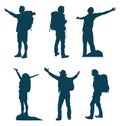 Set of six silhouettes of travelers who reached their destination Royalty Free Stock Photo