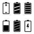 A set of six simple, flat, black battery icons. Isolated on white