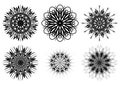 Set of six spirograph shapes. Web design elements isolated on white background. Black and white outline. Flowers and snowflakes