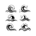 Six stylized black and white graphic illustrations of ocean waves in motion water surf Royalty Free Stock Photo