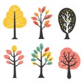 Set six stylized trees various colors shapes. Simplified, modern representations trees graphic