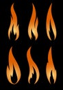 Set of six unusual thin red realistic stylish fire flames on a black background