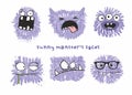 Set of six vector funny crazy monsters heads with different emotions on their faces. Royalty Free Stock Photo