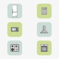 Set of six vector icons of home appliances in flat style and square frames. Royalty Free Stock Photo