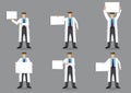 Set of six vector illustrations of cartoon medical professionals in white coat work uniform holding blank placard display sign wit