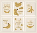 Set of six vegan African print cards with illustration of bananas made with artistic artwork on booklet collage including