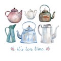 A set of six vintage watercolor kettles and teapots painted with watercolor. Royalty Free Stock Photo