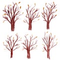 Set of six watercolor bare tree cliparts isolated on a white background. Brown silhouettes of autumn trees, design element for Royalty Free Stock Photo