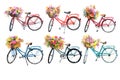 Set of six watercolor bicycles with flowers on white background