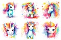 A set of six watercolor illustrations of unicorns, watercolor clipart on white background.