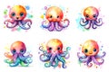 A set of six watercolor octopus illustrations, watercolor clipart on white background.