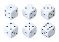 Set of six white dice with white dots hanging in half turn showing different numbers