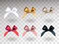 Set of six white, golden, silver, red, pink and black elegant bows with knots. Object isolated on transparent background with