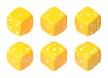 Set of six yellow dice with white dots hanging in half turn showing different numbers