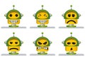 Set of six yellow and green robot faces, laughing, sad, angry and tired