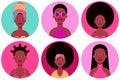 Set of six young black women round flat icons in different clothes and hairstyles