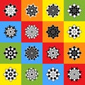 A set of sixteen abstract black and white flowers on colored squares