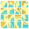 Set of sixteen abstract isolated backgrounds. Hand drawn various shapes and doodle objects. Modern contemporary trendy