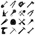 Set of sixteen black and white hand tools on a white background