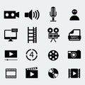 Set of sixteen cinema video icons . Vector illustration