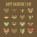 Set of sixteen decorative hearts with different colorful desaturated patterns on a brown background