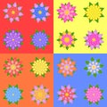 Set of sixteen different colors of flowers isolated on a colored background