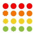 A set of sixteen different starburst sunburst icons in four bright colors on a white background, an empty sign with an inscription
