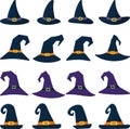 Set of sixteen different witch hat in cartoon style. Happy Halloween.