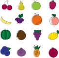 Set of sixteen fruits icons on white background, isolated. Healthy food concept. Vector illustration