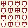 Set of sixteen simple shields icons in red and white.