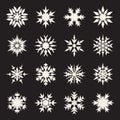 Set of Sixteen Symmetrical White Snowflakes Design on Black Background